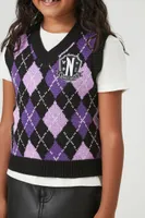 Girls Argyle Nevermore Sweater Vest (Kids) in Black, 11/12