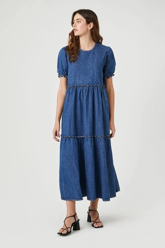 Women's Denim Ruffle Tiered Maxi Dress in Medium Denim