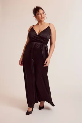 Women's Satin Wide-Leg Jumpsuit in Black, 2X