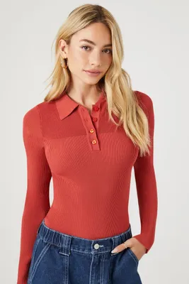 Women's Sweater-Knit Polo Shirt Bodysuit in Faded Rose Small