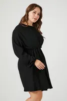 Women's Drawstring Peasant-Sleeve Mini Dress in Black, 0X