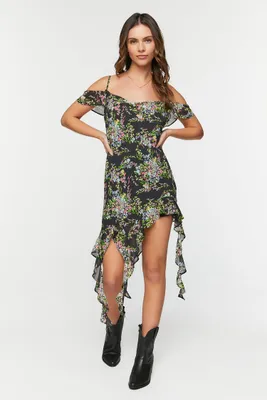 Women's Floral Chiffon Off-the-Shoulder Dress in Black Small