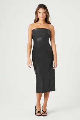 Women's Faux Leather Midi Strapless Dress Black