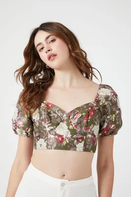 Women's Floral Puff-Sleeve Crop Top in Green Small