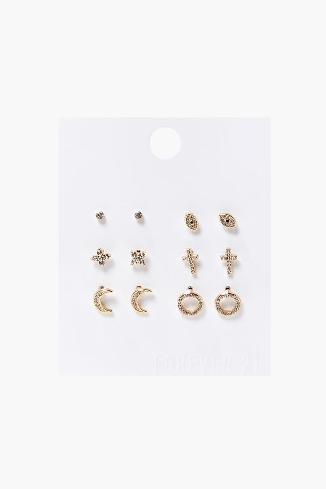 Women's Rhinestone Crescent Moon Charm Set in Gold/Clear