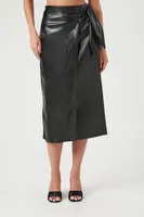 Women's Faux Leather Midi Wrap Skirt in Black, XS