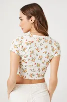 Women's Floral Print Tie-Front Crop Top in White Large