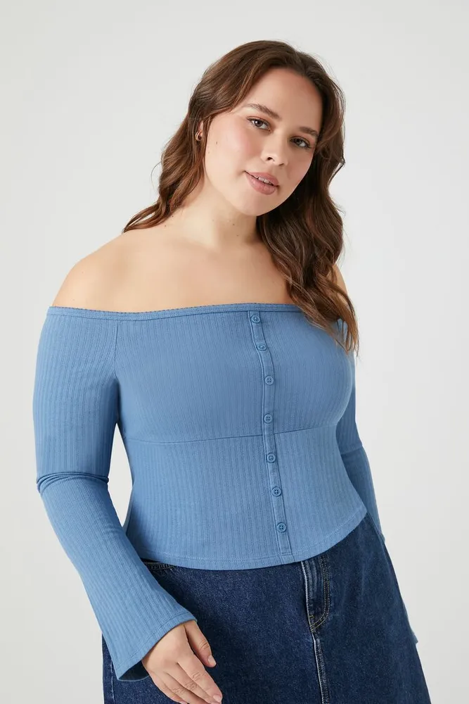 Women's Ribbed Off-the-Shoulder Top in Dusty Blue, 3X