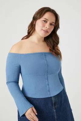 Women's Ribbed Off-the-Shoulder Top in Dusty Blue, 2X
