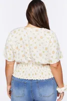 Women's Floral Print Top & Scrunchie Set in Vanilla, 1X