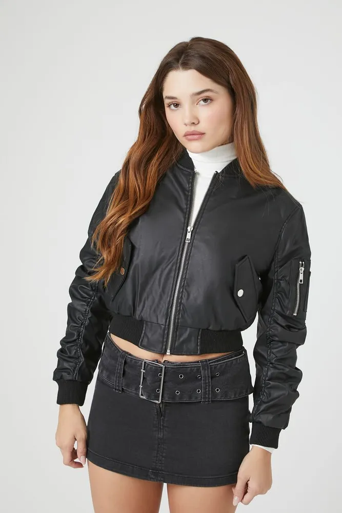 Women's Faux Leather Ruched Bomber Jacket Black