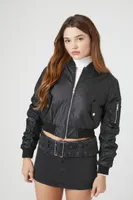 Women's Faux Leather Ruched Bomber Jacket in Black Large