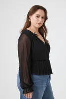 Women's Surplice Lettuce-Edge Top in Black, 3X