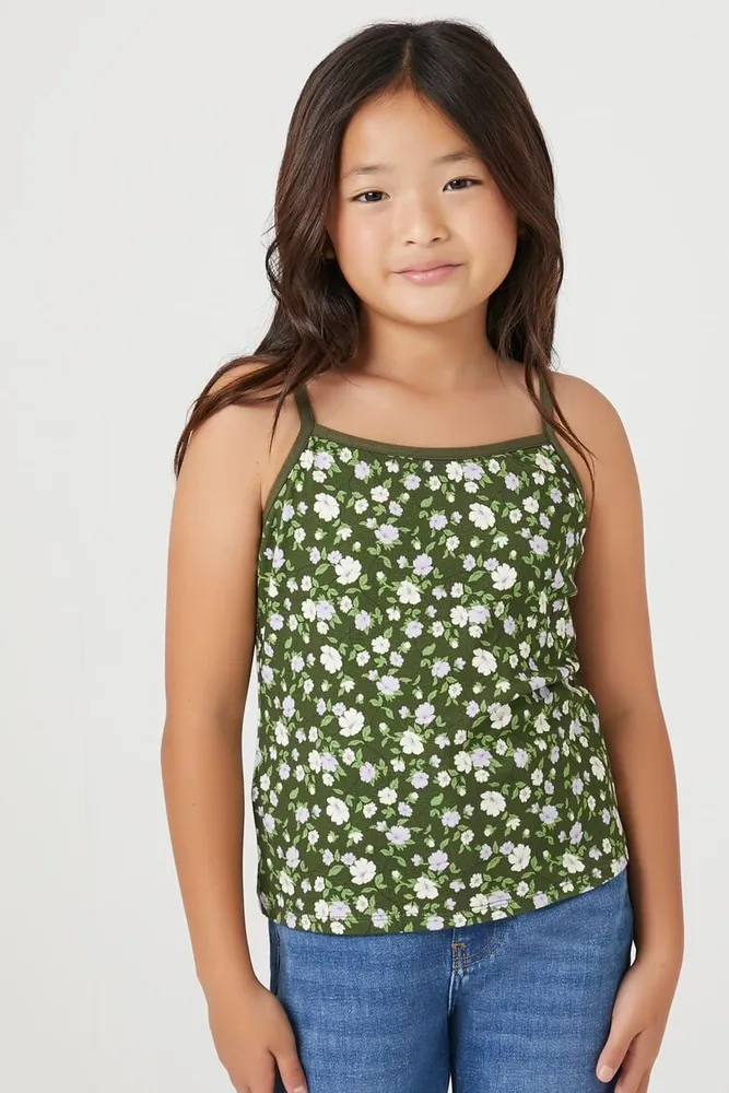 Girls Floral Print Cami (Kids) in Olive, 9/10