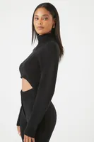 Women's Sweater-Knit Cutout Crop Top in Black, XL