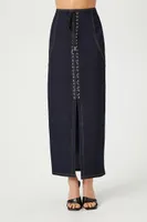 Women's Lace-Up Slit Maxi Skirt in Dark Denim, XS