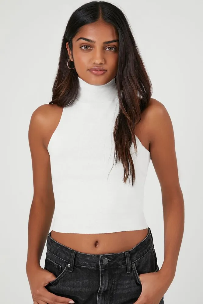 Women's Cropped Turtleneck Tank Top in White, XL