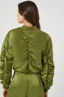 Women's Ruched Satin Cropped Bomber Jacket in Dark Olive Small