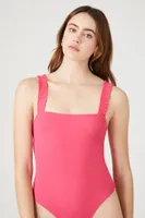 Women's Ribbed Ruffle-Strap Bodysuit in Hot Pink Small