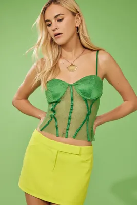 Women's Sheer Fishnet Bustier Top in Green Medium