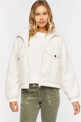 Women's Faux Shearling Zip-Up Bomber Jacket in Cream Medium