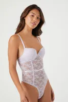 Women's Floral Lace Mesh Lingerie Bodysuit in Wisteria, XL