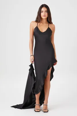 Women's Satin Flounce-Hem Maxi Dress in Black Small