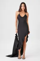 Women's Satin Flounce-Hem Maxi Dress in Black Small