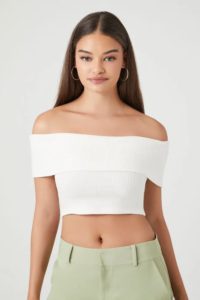 Women's Ribbed Off-the-Shoulder Crop Top in White, XL