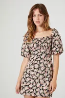 Women's Lace-Up Floral Print Mini Dress in Black, XS