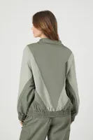 Women's Two-Tone Poplin Bomber Jacket in Dark Olive/Olive Medium