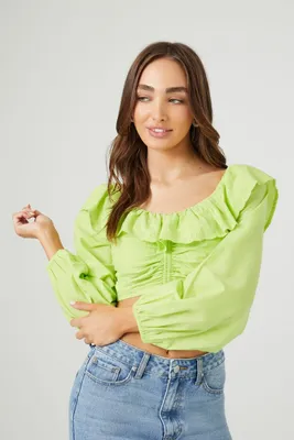 Women's Off-the-Shoulder Ruffle Eyelet Top in Honeydew Large
