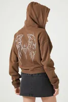 Women's Rhinestone Wing Graphic Zip-Up Hoodie in Brown Medium