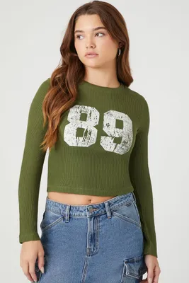 Women's Ribbed Knit 89 Graphic T-Shirt in Olive Medium