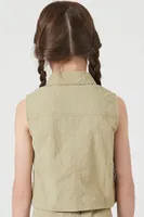 Girls Sleeveless Utility Shirt (Kids) in Olive, 9/10