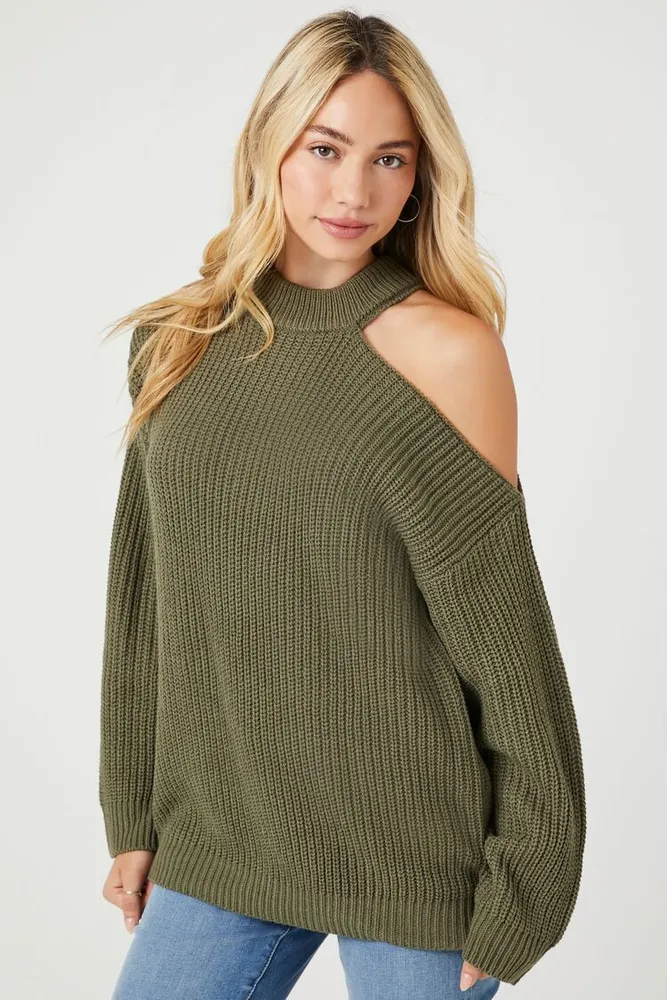 Women's Asymmetrical Open-Shoulder Sweater in Green Small