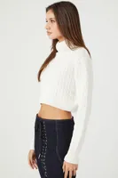 Women's Cable Knit Turtleneck Cropped Sweater in Ivory Medium