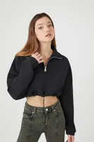 Women's Fleece Half-Zip Cropped Pullover in Black, XL