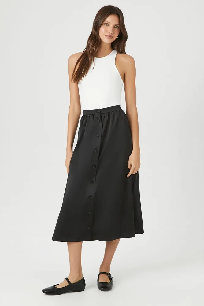 Women's Button-Front A-Line Midi Skirt in Black Large