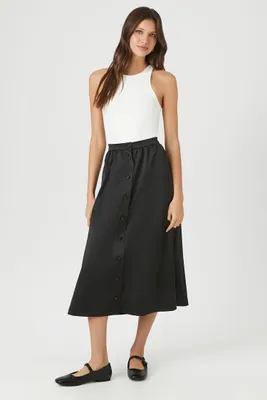 Women's Button-Front A-Line Midi Skirt in Black Medium