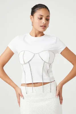 Women's Rhinestone Corset T-Shirt in White Small