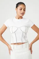 Women's Rhinestone Corset T-Shirt in White, XS