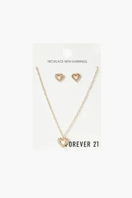 Women's Rhinestone Heart Earring & Necklace Set in Gold