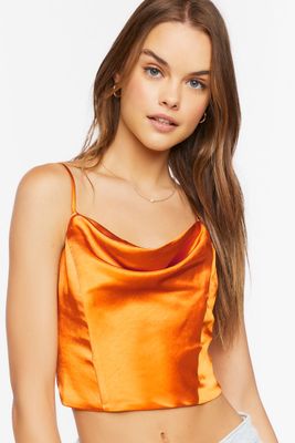 Women's Satin Cowl Neck Crop Top in Tangerine Large