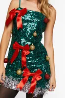 Women's Sequin Christmas Tree Dress in Green/Red, XS