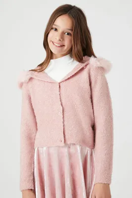 Girls Faux Fur Cardigan Sweater (Kids) in Pale Mauve, 11/12