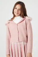 Girls Faux Fur Cardigan Sweater (Kids) in Pale Mauve, 13/14