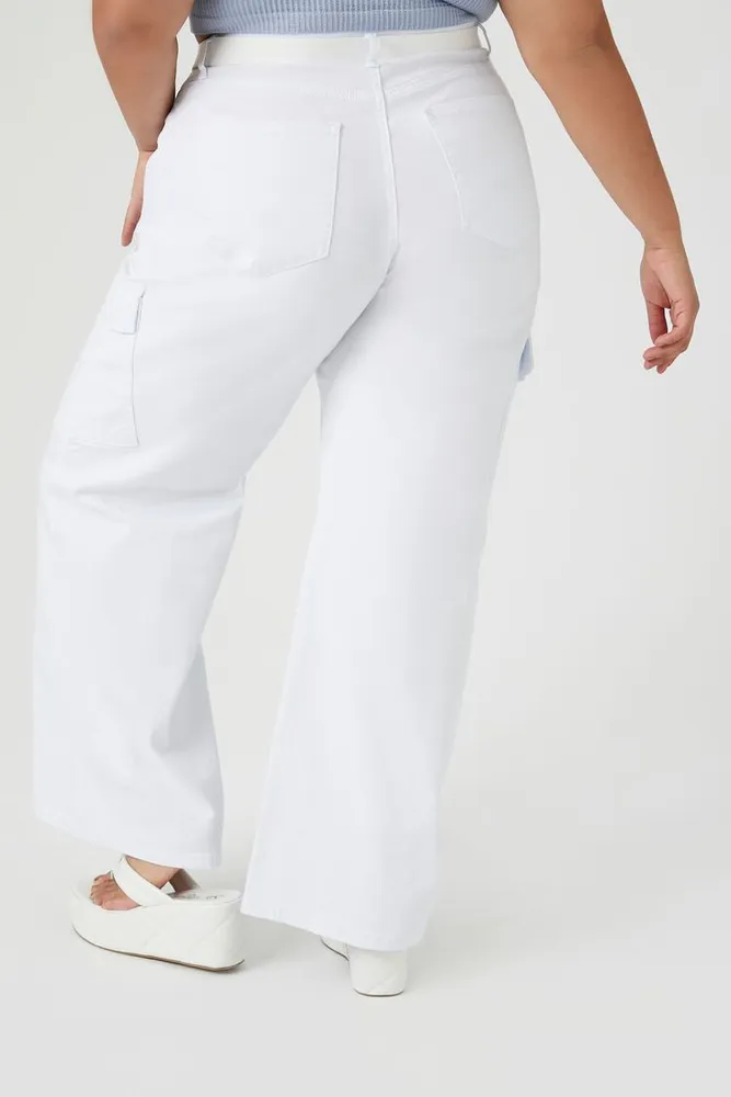 Women's Belted Wide-Leg Cargo Pants in White, 1X