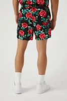 Men Rose Print Drawstring Shorts in Black, XL