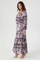 Women's Chiffon Floral Tiered Maxi Dress in Purple, XL